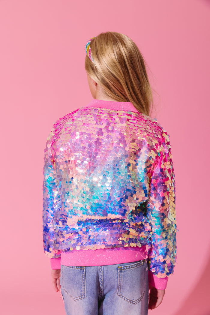 Holographic Rainbow Paillette Bomber