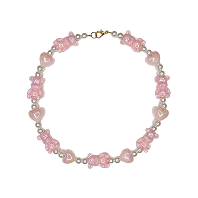 exclude-new-arriv Accessories Pink Hologram Bear Candy Bear Pearl Necklaces