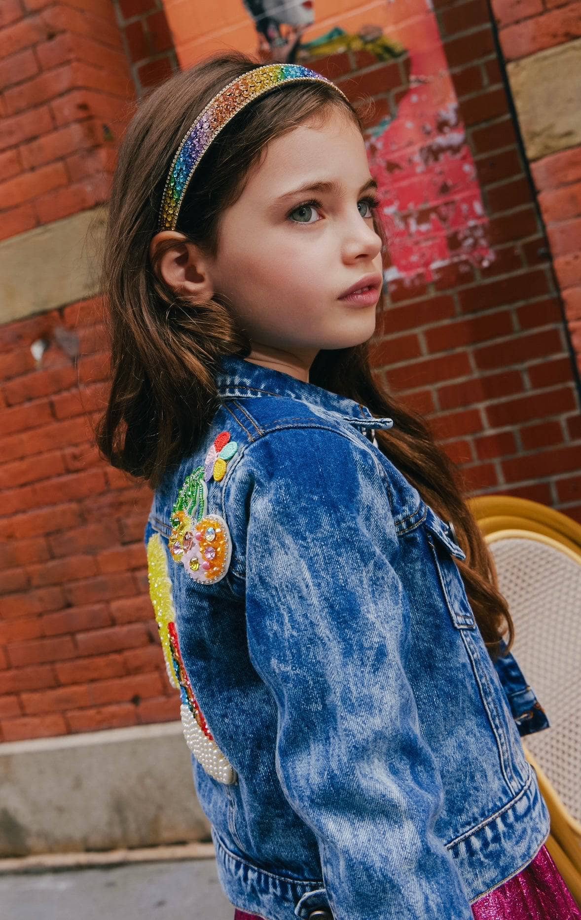 Lola + The Boys Beaded Crystal Fruit Crop Denim Jacket