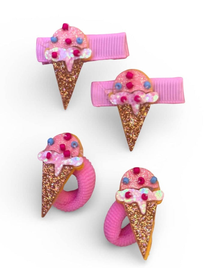 Lola + The Boys Accessories Ice Cream Sparkle Hair Clips and mini ponytail bands (Pack of 2)