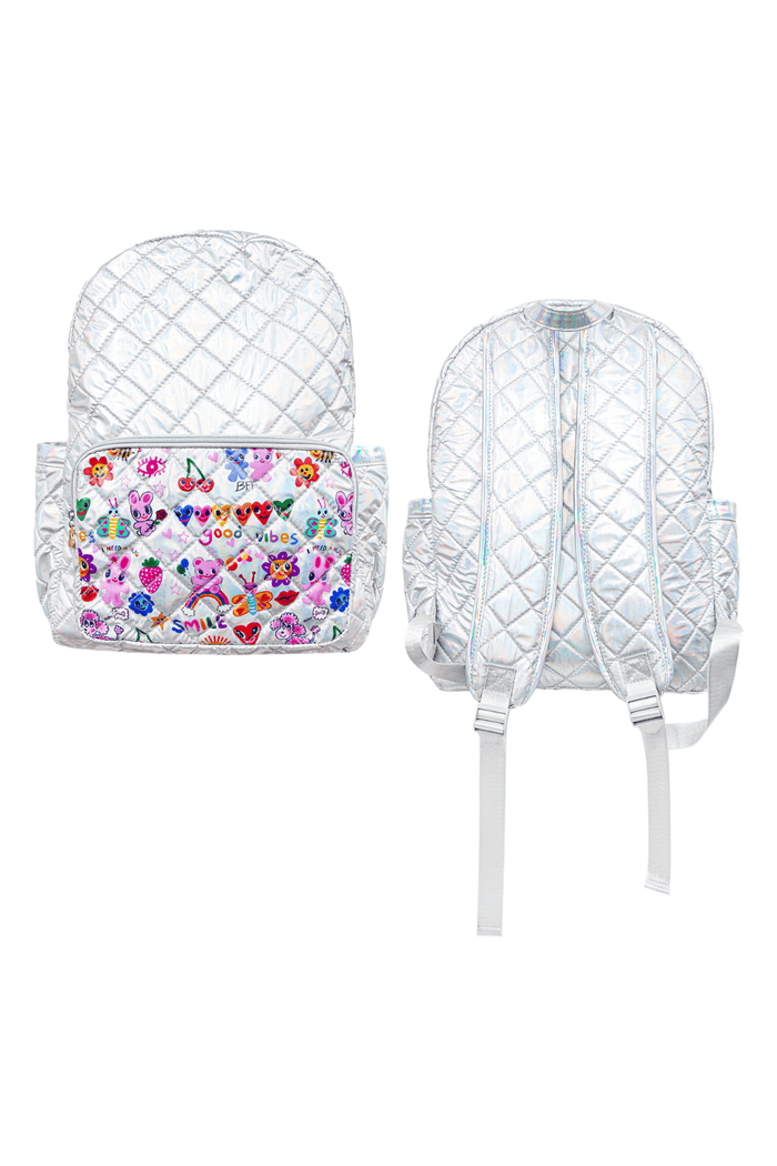 exclude-new-arriv Accessories Silver Hologram Doodle Art Quilted Backpack