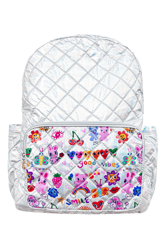 exclude-new-arriv Accessories Silver Hologram Doodle Art Quilted Backpack