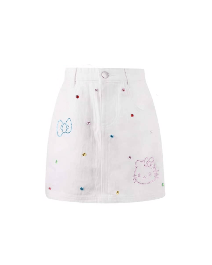 Lola + The Boys Bottoms 2 Hello Kitty® White Denim Rainbow Crystal Skirt