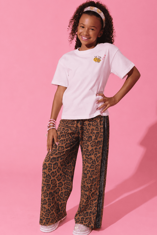 Lola + The Boys Bottoms 2 Leopard Print Sequin Trim Wide Leg Track Pants