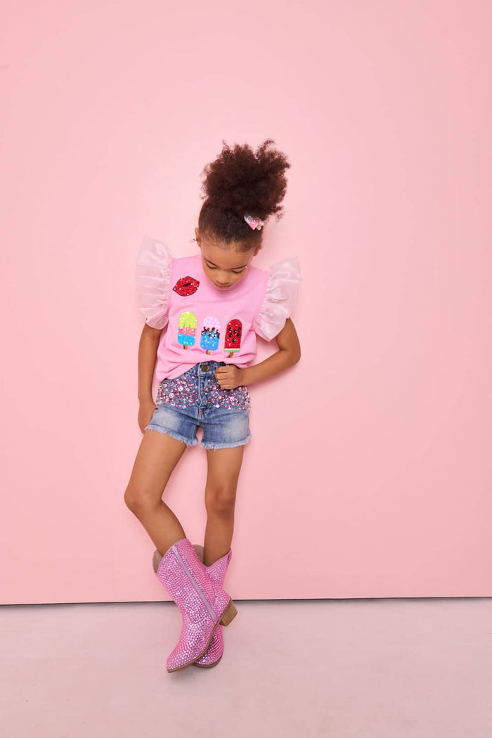 exclude-sale Bottoms Pink Crystal Denim Short