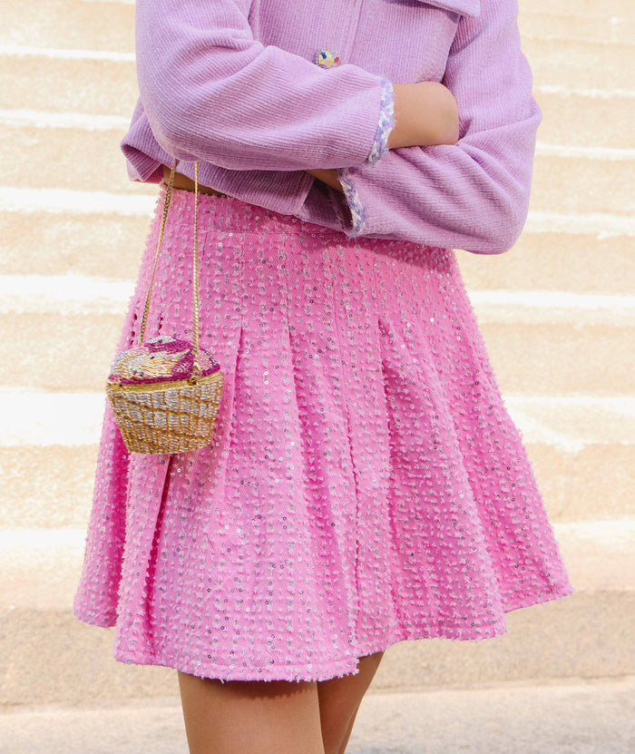 Lola-spring-25 Bottoms Pink Denim Sparkle Pleated Skirt