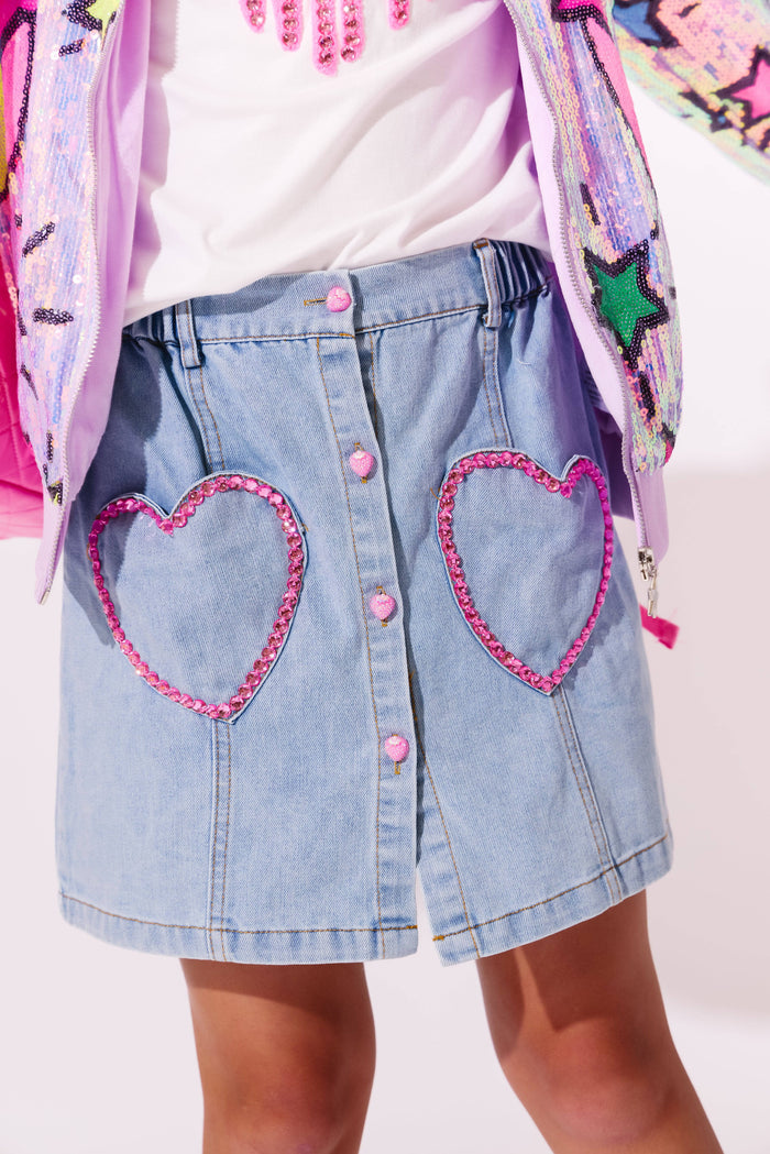 lola-new-arrival Bottoms Pink Gem Hearts Denim Skirt