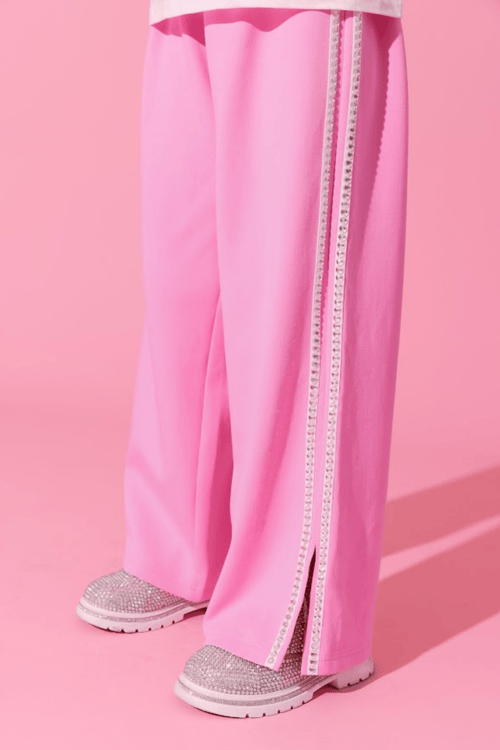 Lola + The Boys Bottoms 2 Pink Gem Trim Wide Leg Track Pants
