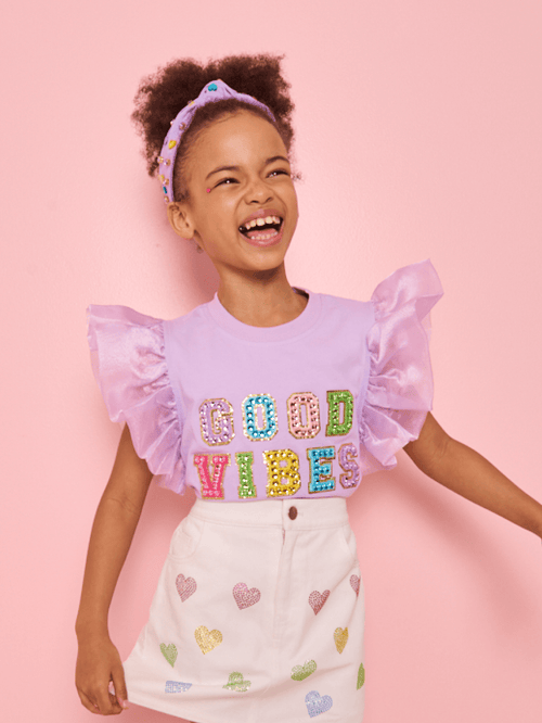 Lola + The Boys Bottoms Rainbow Crystal Hearts Denim Skirt
