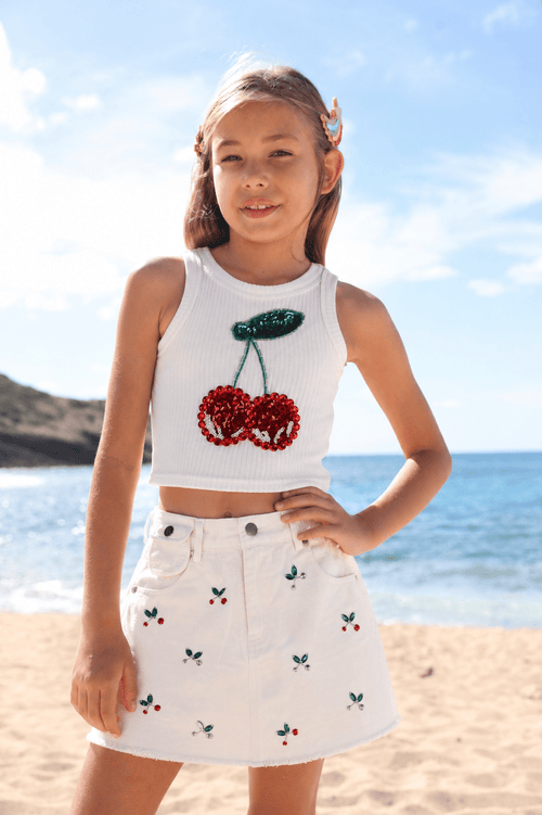 Lola + The Boys Cherry on Top Gem Denim Skirt
