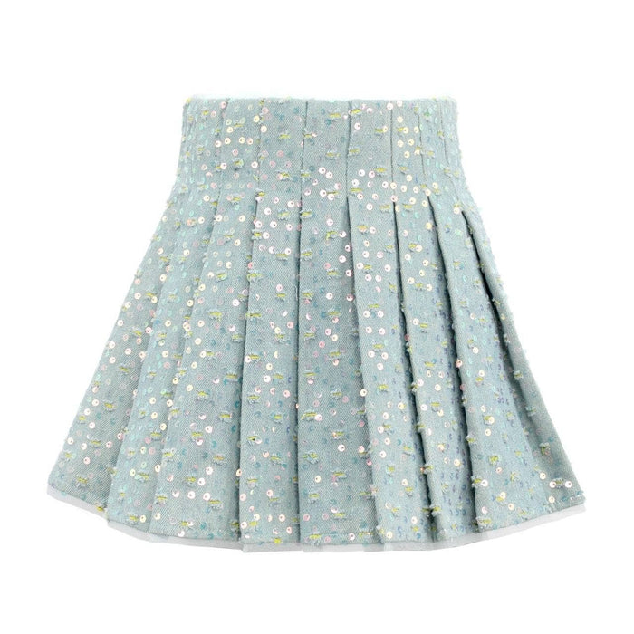 Lola + The Boys Confetti Denim Sparkle Pleated Skirt