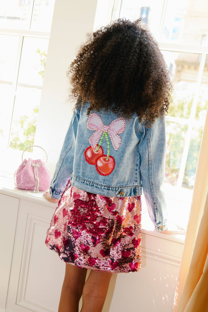 Lola + The Boys Crystal Cherry Bow Denim Jacket