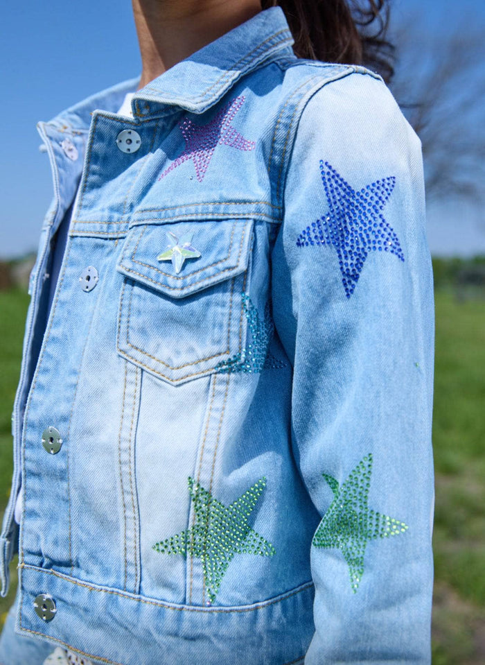 lola-new-arrival Crystal Rainbow Stars Denim Jacket