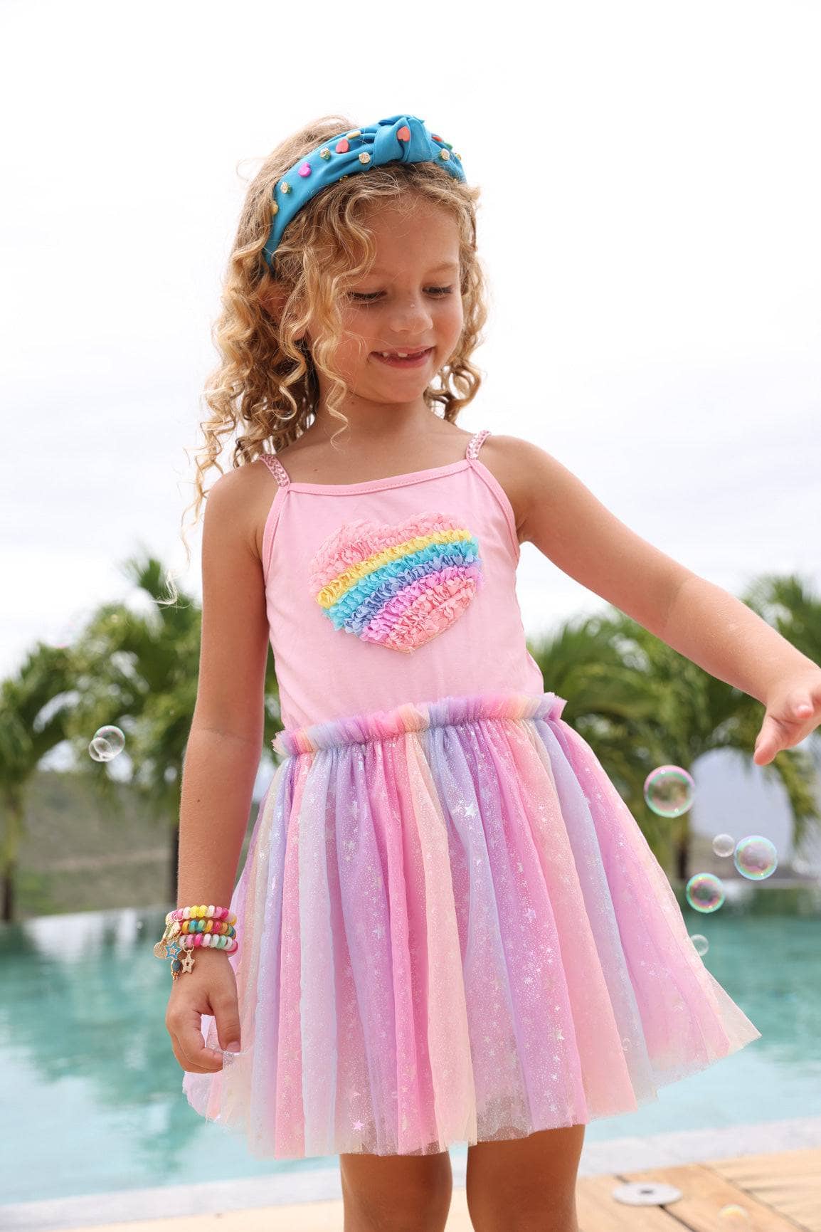 Lola + The Boys Dress 3D Rainbow Heart Shimmer Dress