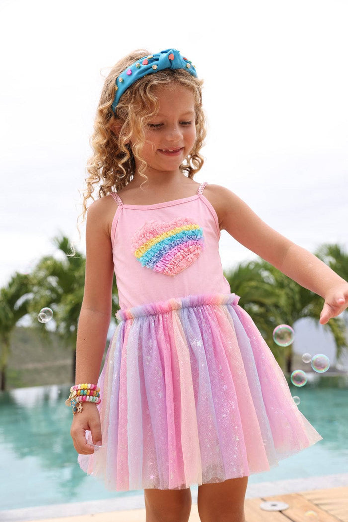 Lola + The Boys Dress 3D Rainbow Heart Shimmer Dress