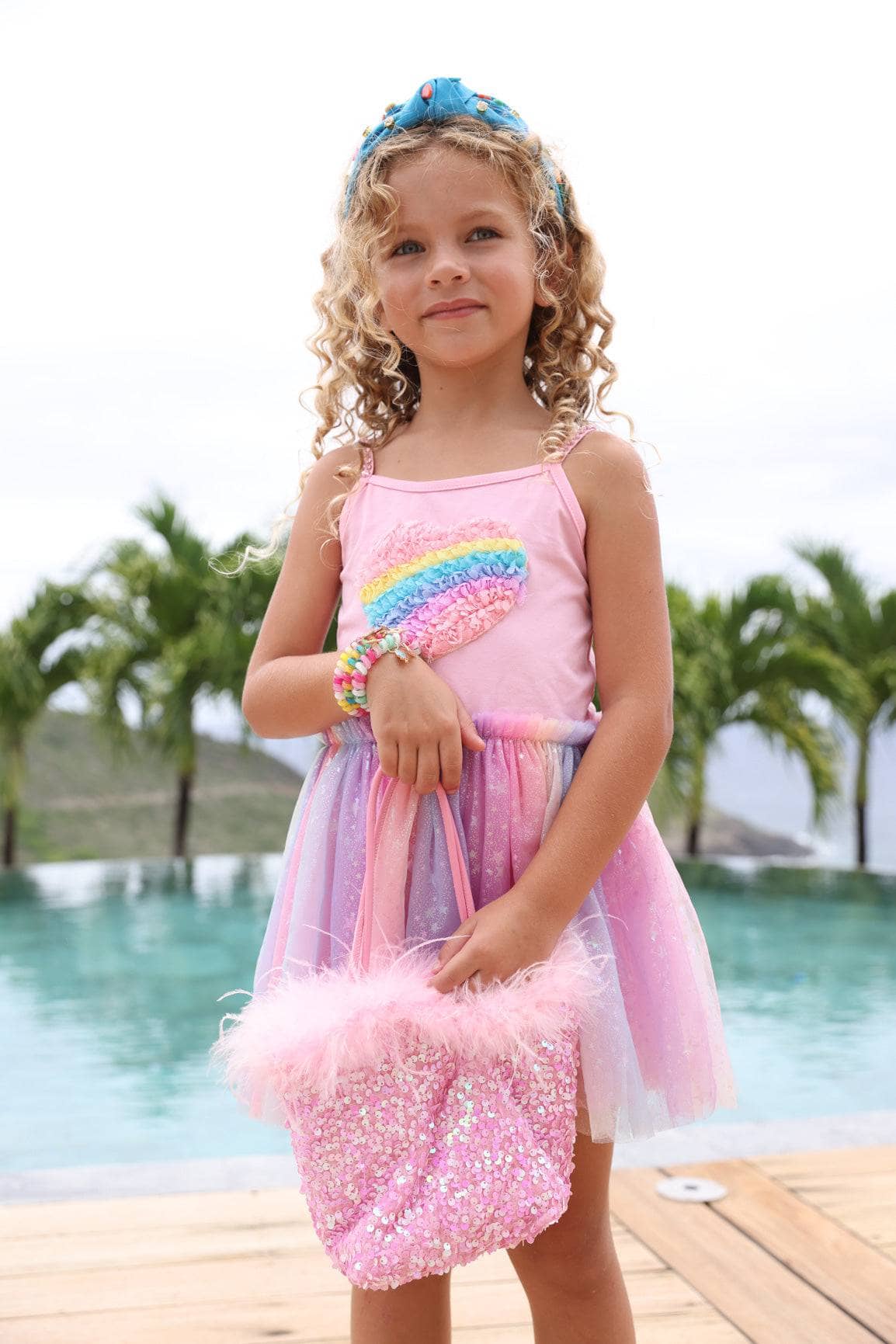 Lola + The Boys Dress 3D Rainbow Heart Shimmer Dress