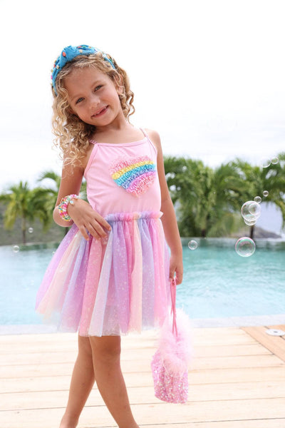 Lola + The Boys Dress 3D Rainbow Heart Shimmer Dress