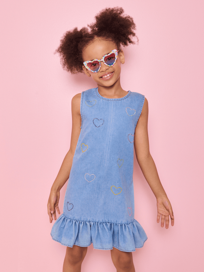 Lola + The Boys Dress 2 Crystal Rainbow Heart Denim Dress