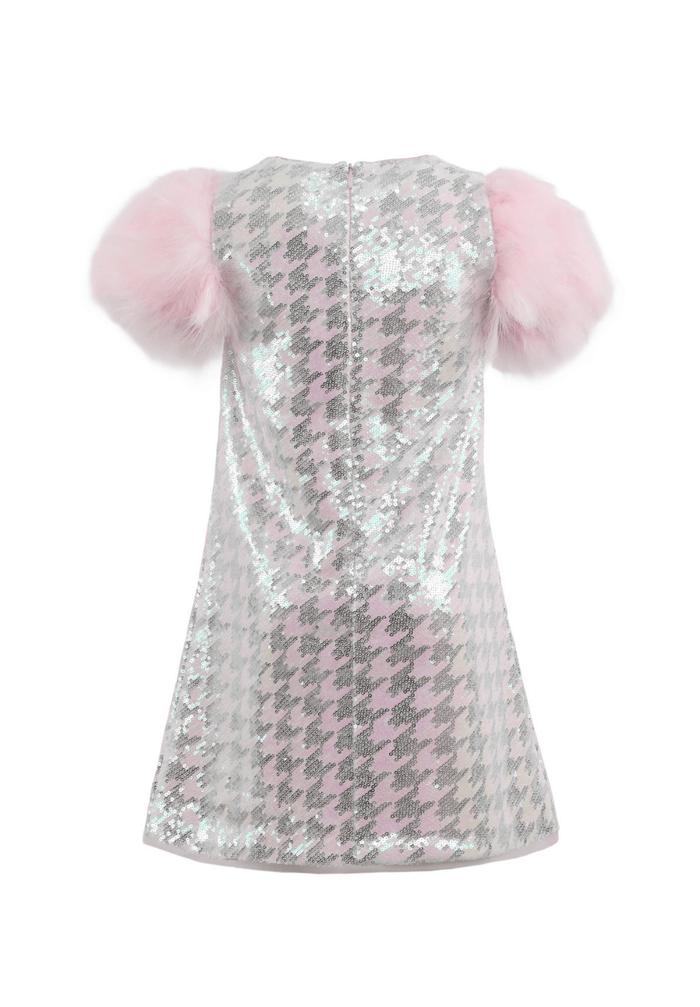 Lola + The Boys Dress Houndstooth Sequin Feather Sleeve Party Dress