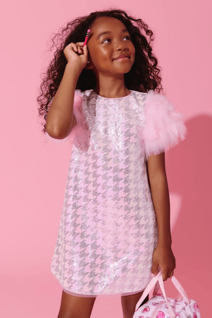 Lola + The Boys Dress 2 Houndstooth Sequin Feather Sleeve Party Dress