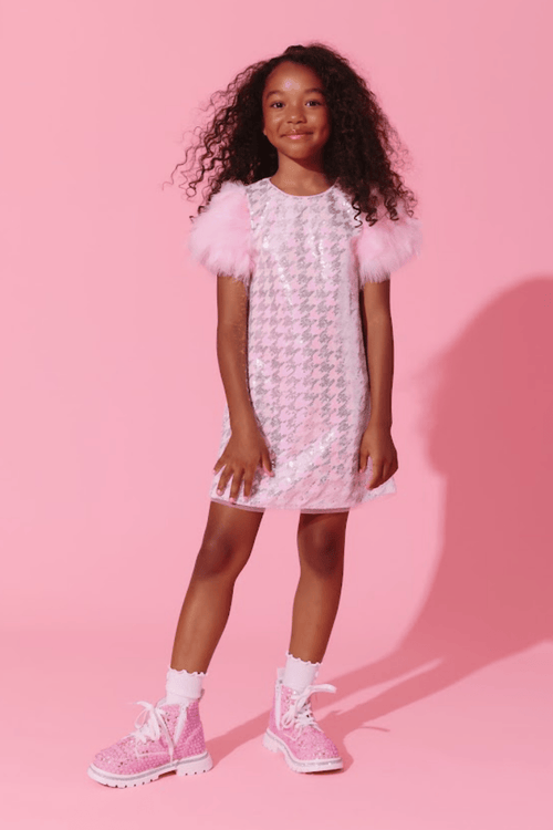 Lola + The Boys Dress Houndstooth Sequin Feather Sleeve Party Dress