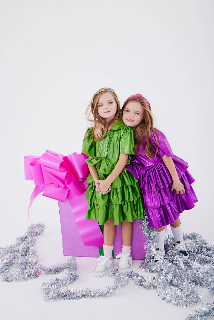 Lola + The Boys Dress Iridescent Emerald Bow Dress