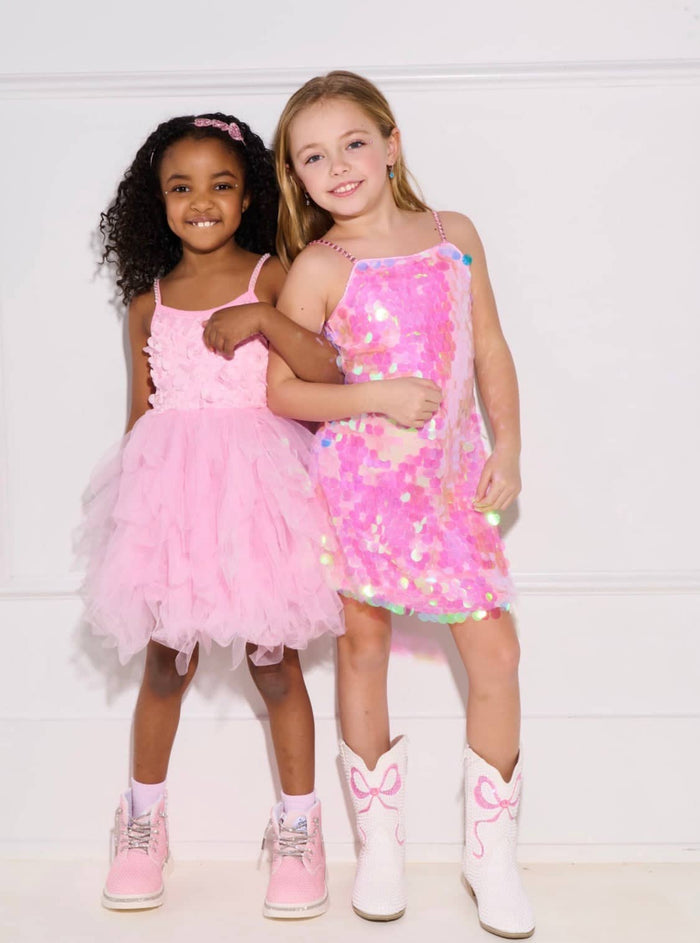 Lola + The Boys Dress Pink 3D Flowers Tulle Dress
