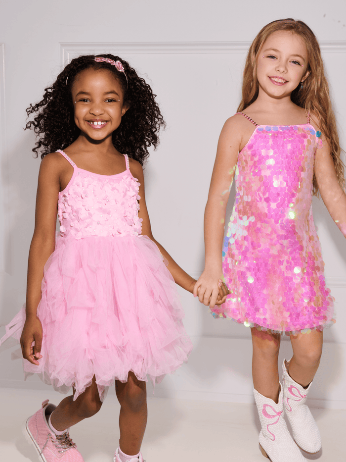 Lola + The Boys Dress Pink 3D Flowers Tulle Dress