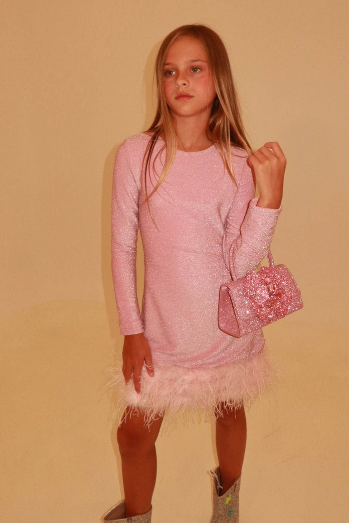 Lola + The Boys Dress Pink Shimmer Feather Dress