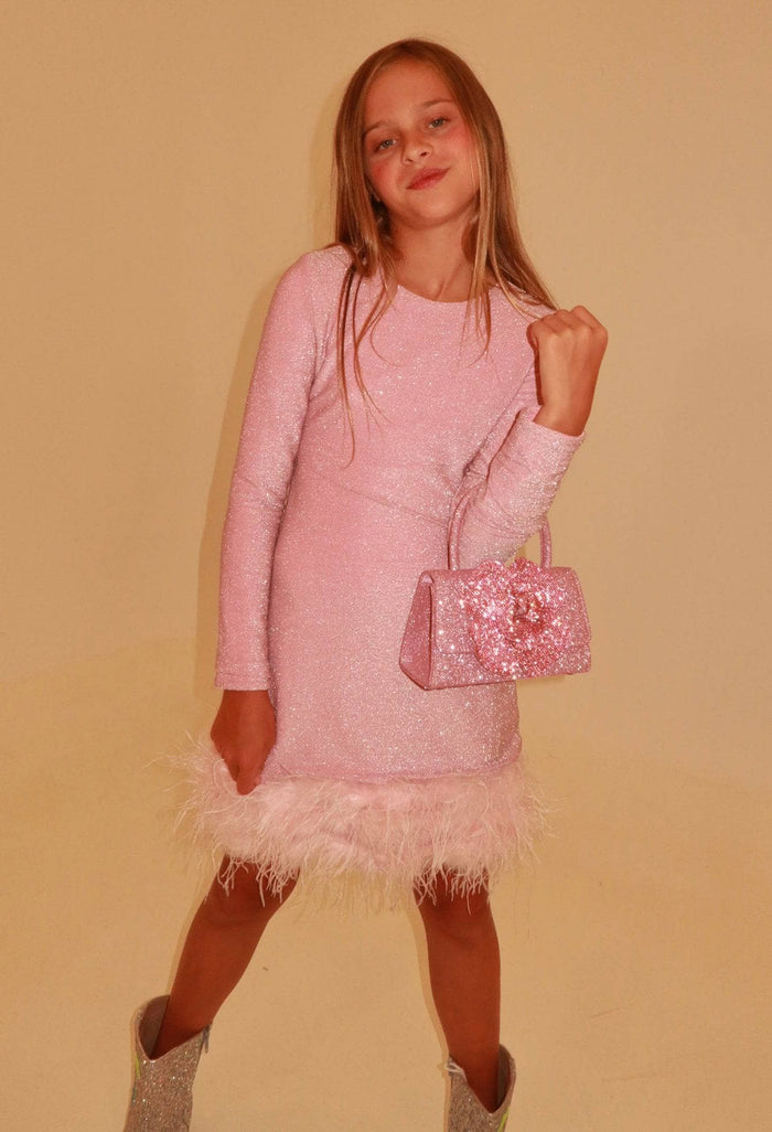 Lola + The Boys Dress Pink Shimmer Feather Dress