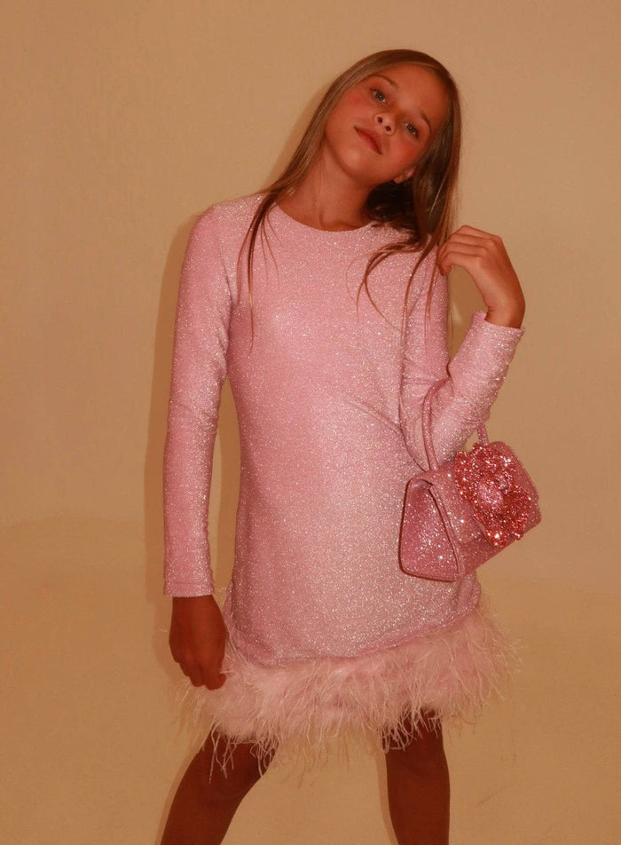 Lola + The Boys Dress Pink Shimmer Feather Dress