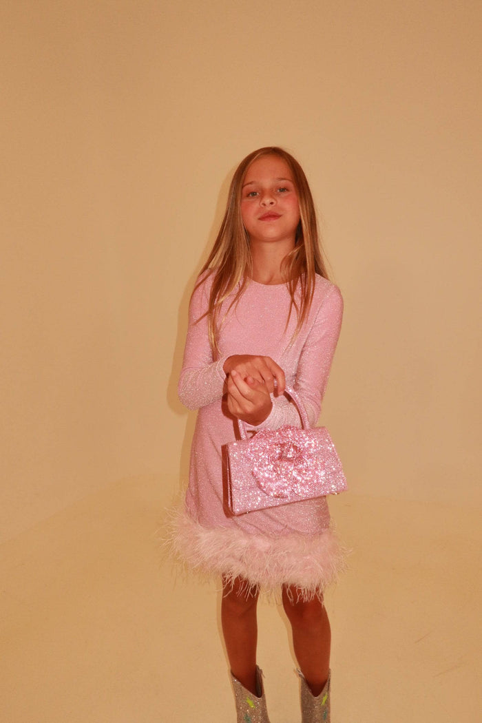 Lola + The Boys Dress Pink Shimmer Feather Dress