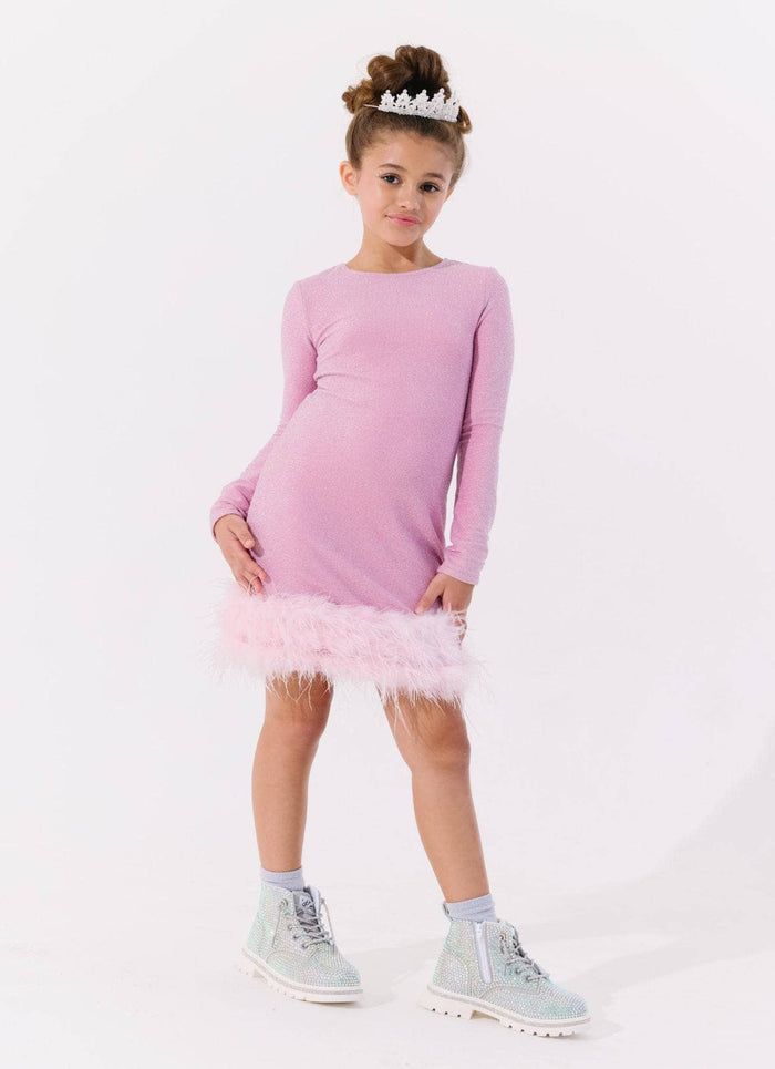 Lola + The Boys Dress Pink Shimmer Feather Dress