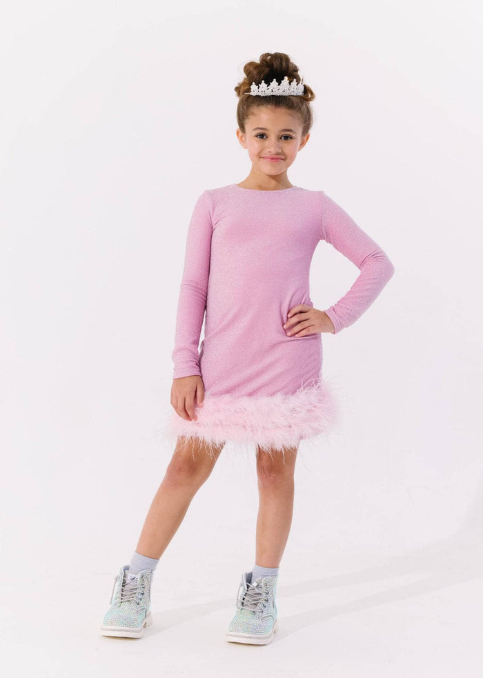 Lola + The Boys Dress Pink Shimmer Feather Dress