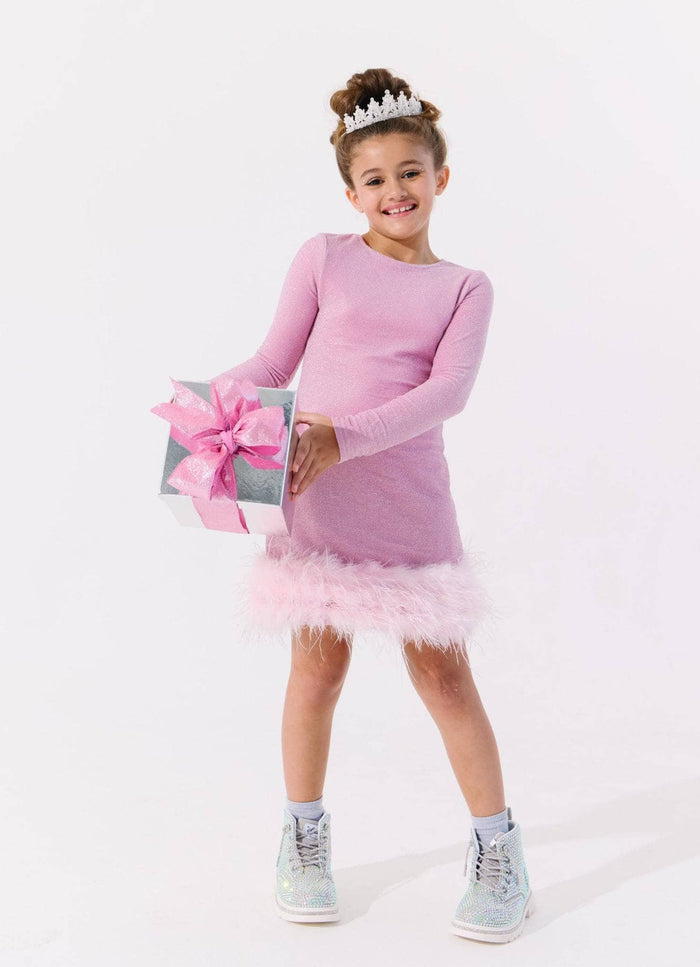 Lola + The Boys Dress Pink Shimmer Feather Dress