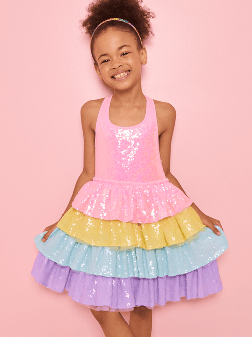Lola + The Boys Dress Rainbow Sequin Tiered Dream Dress