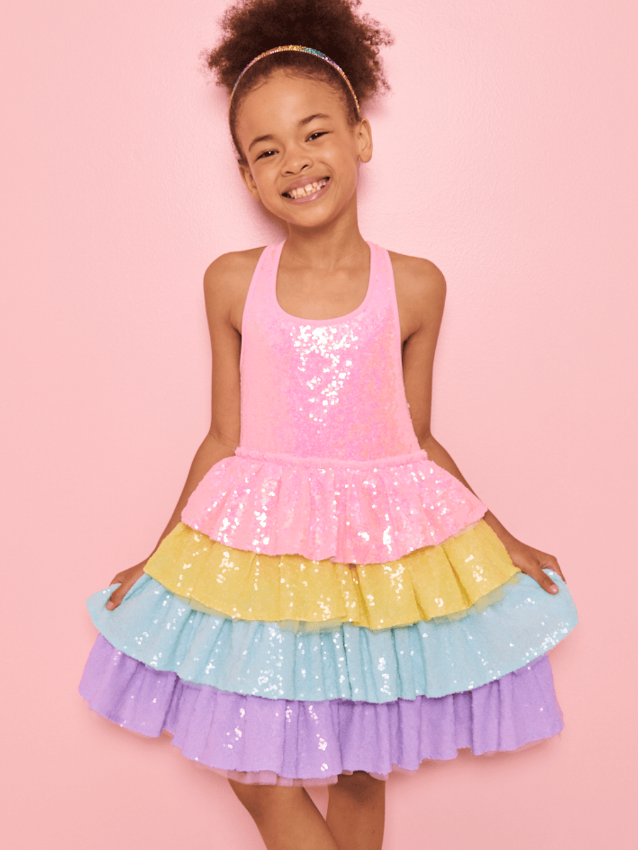 Lola + The Boys Dress Rainbow Sequin Tiered Dream Dress