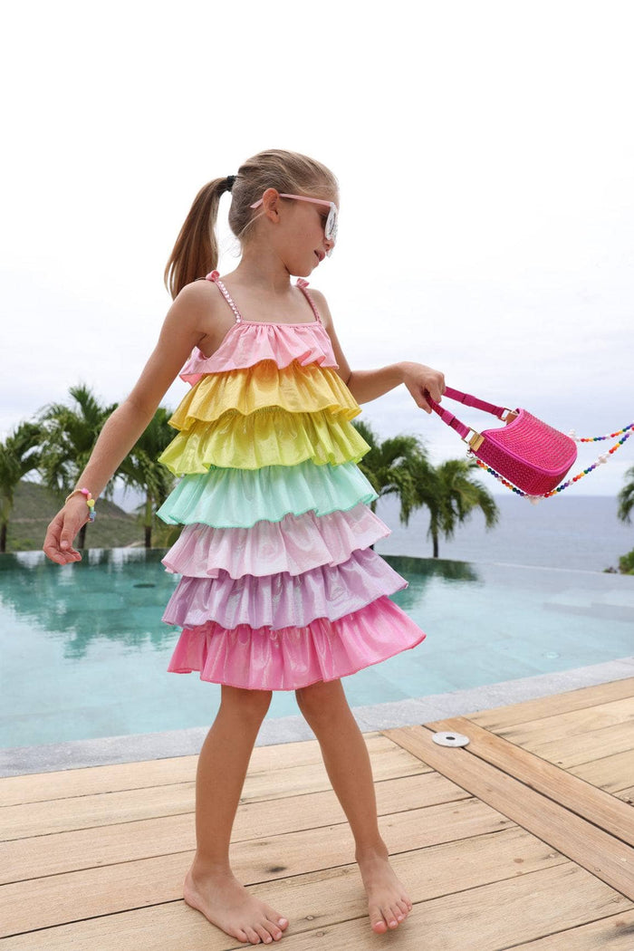 Lola + The Boys Dress Rainbow Tiered Shimmer Dress