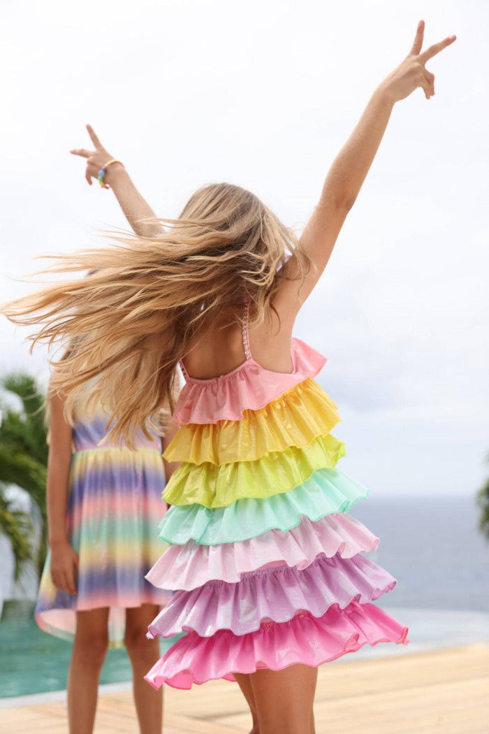 Lola + The Boys Dress Rainbow Tiered Shimmer Dress