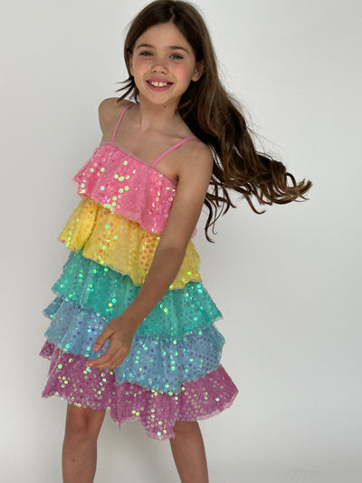 Lola & The Boys Dresses Rainbow Sequin Ruffle Dress