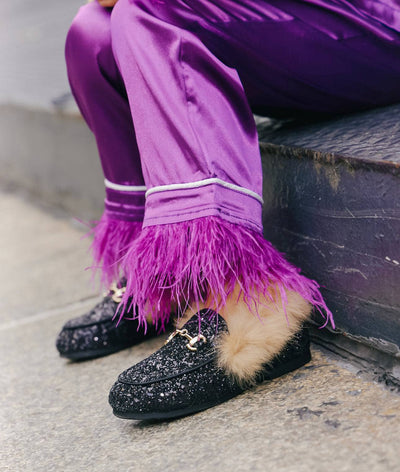 Street style, fur coat, Gucci floral princetown slippers, velvet