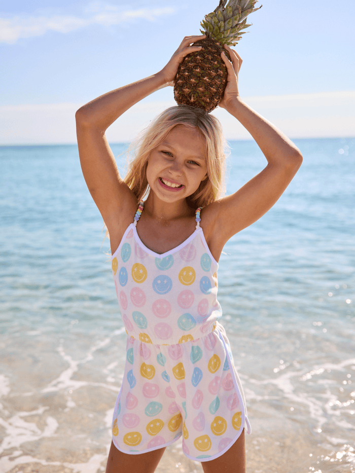 Lola + The Boys Happy Emoji Beaded Hearts Romper
