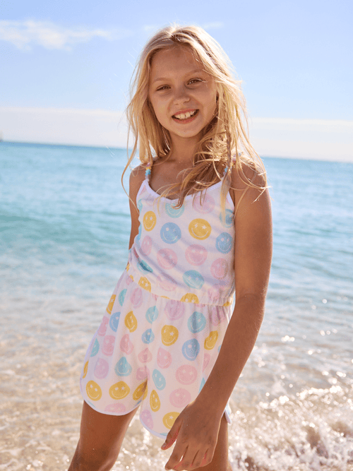 Lola + The Boys Happy Emoji Beaded Hearts Romper