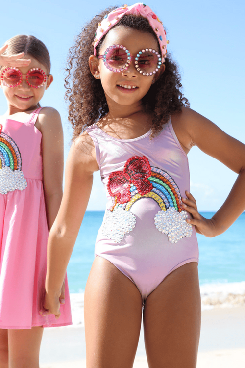 Lola + The Boys Hologram Rainbow Bow Gem Swimsuit