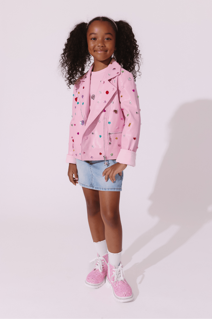 Lola + The Boys Jacket Bejeweled Faux Leather Moto