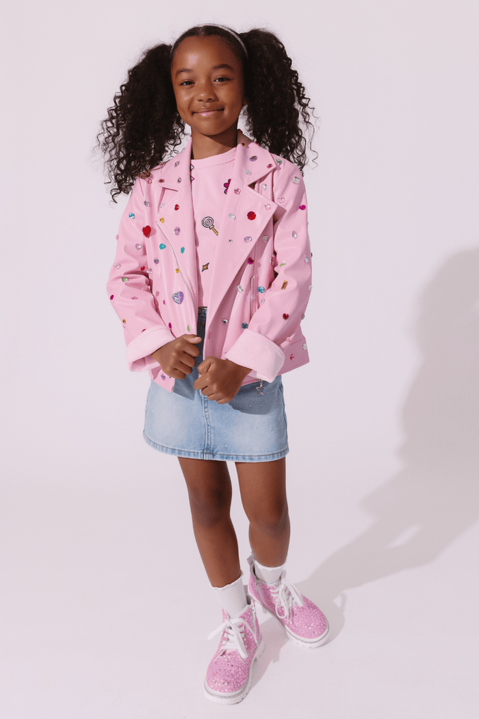 Lola + The Boys Jacket Bejeweled Faux Leather Moto