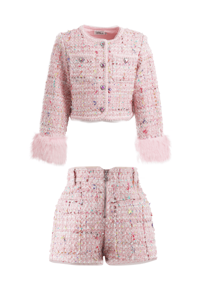 Lola + The Boys Jacket Gabriella Fur Trim Shorts Set