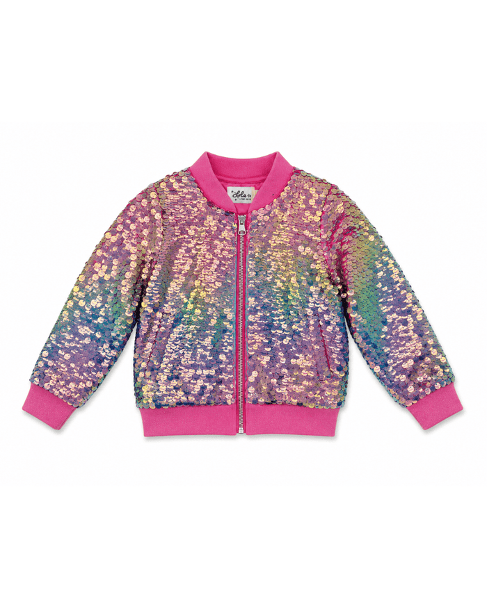 Lola + The Boys Jacket Holographic Rainbow Paillette Bomber