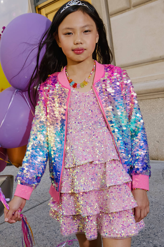 Lola + The Boys Jacket Holographic Rainbow Paillette Bomber