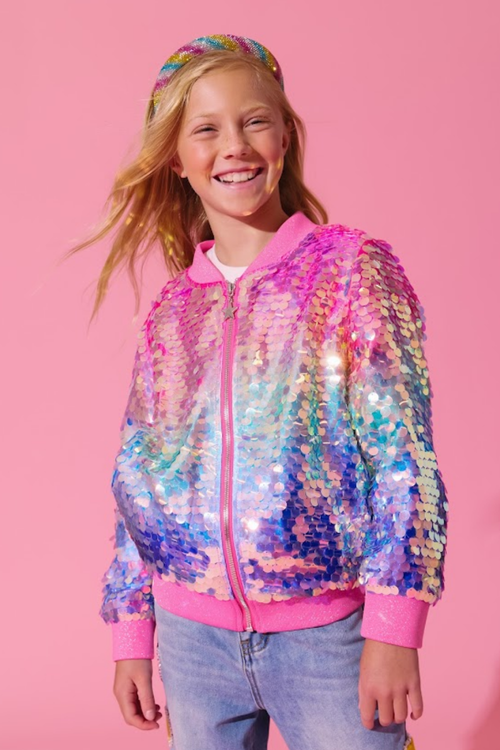 Lola + The Boys Jacket 2 Holographic Rainbow Paillette Bomber